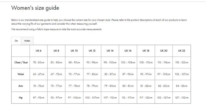 Barbour ladies size chart