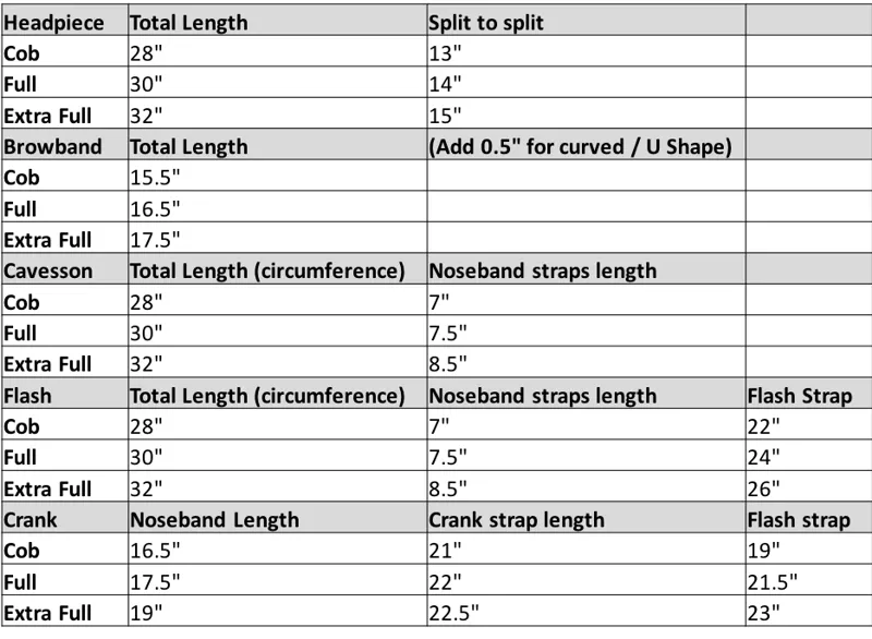 Henry James Saddlery Curved browband size chart