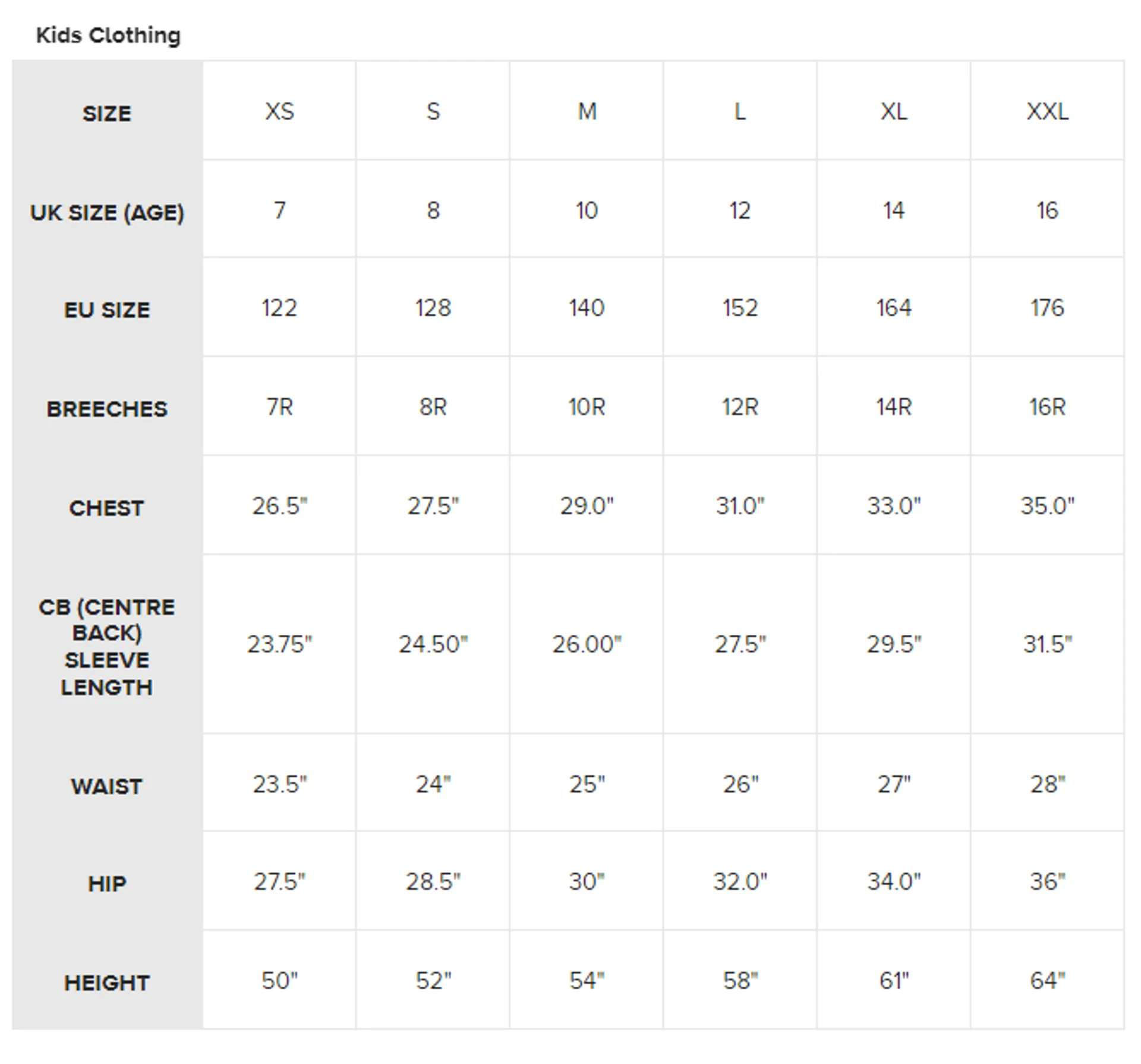 ariat junior size chart