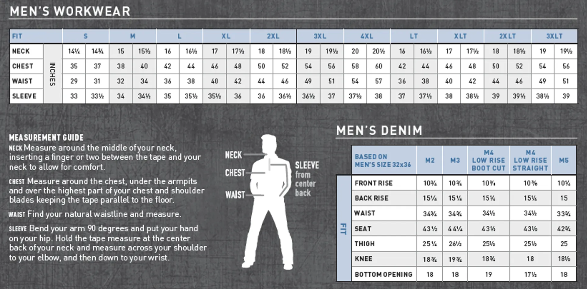 Mens Rebar T-Shirt Size Chart