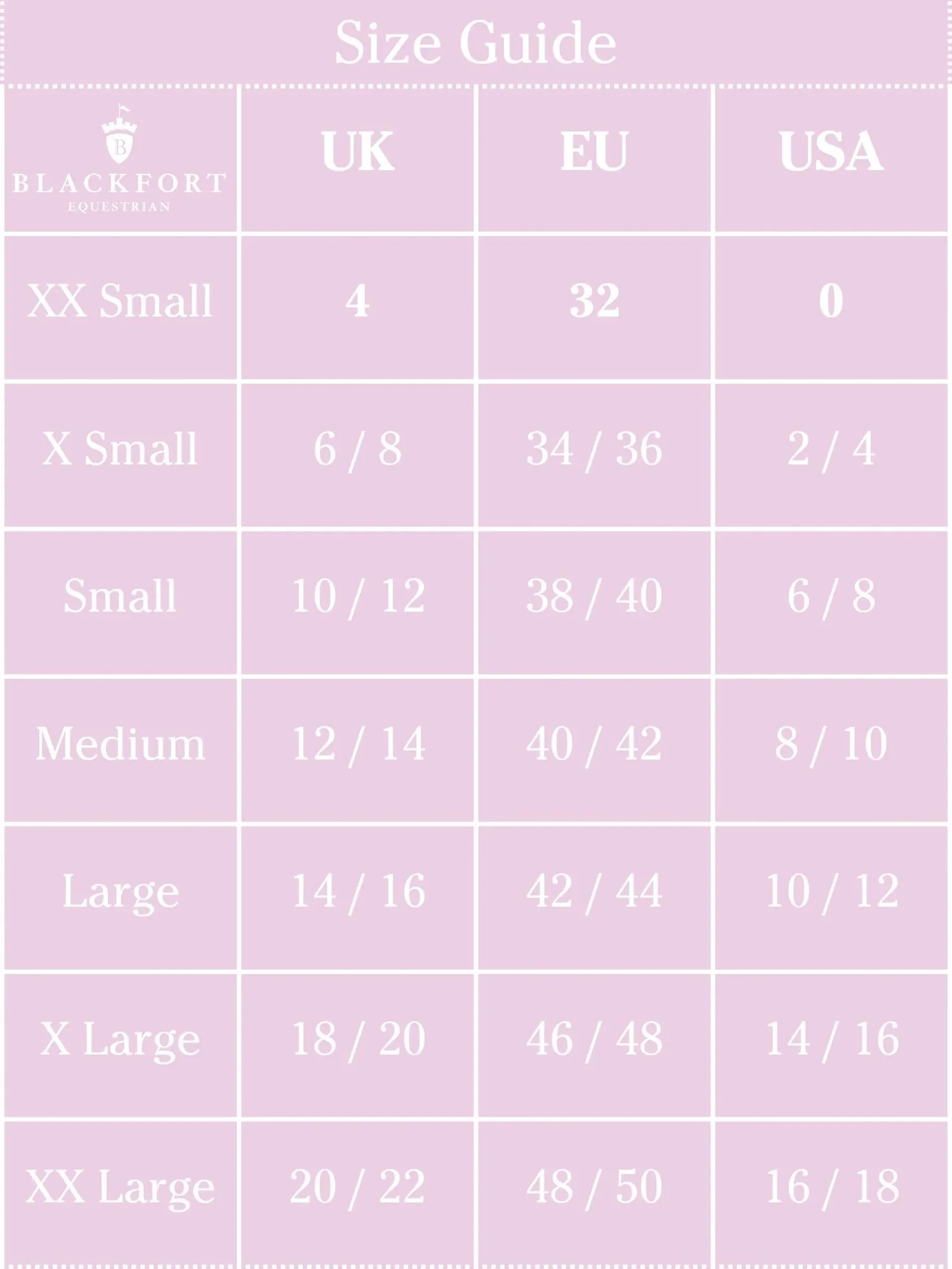 blalckfort size chart