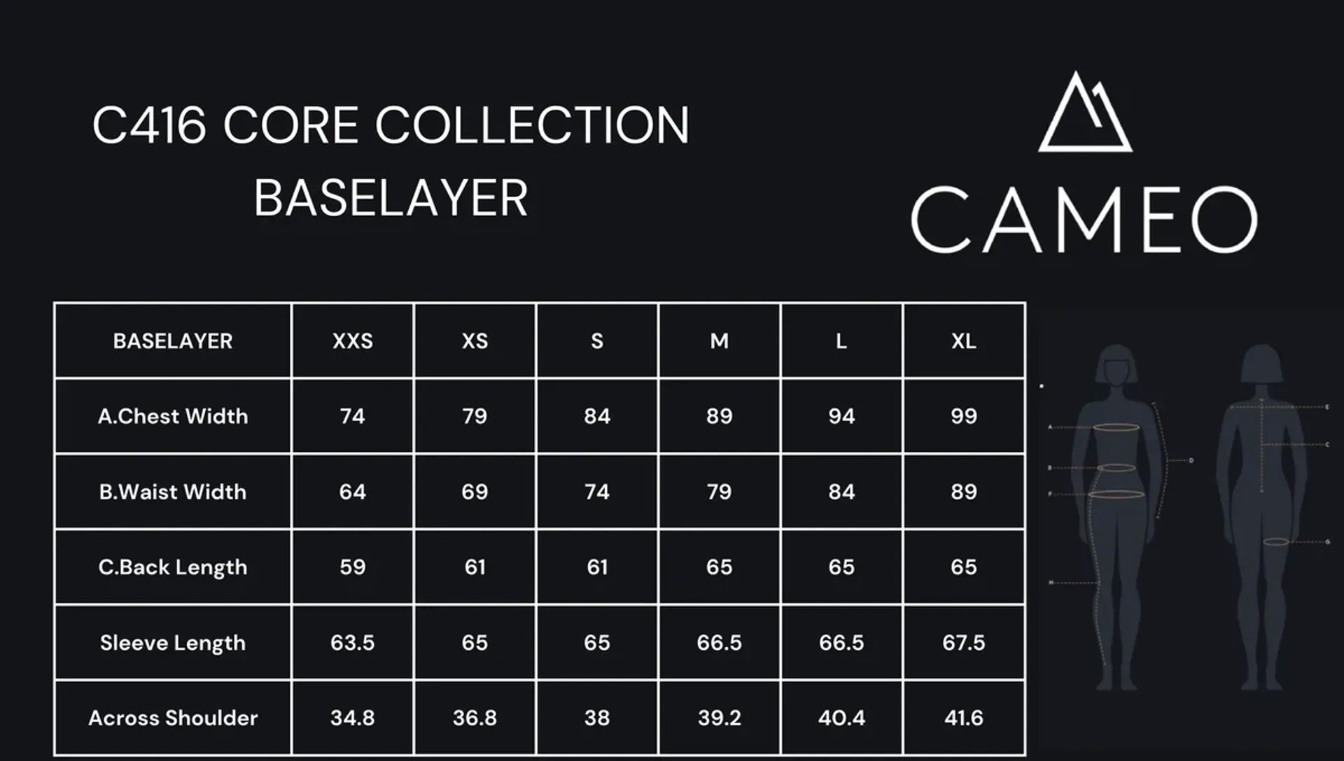 Cameo Long Sleeve base layer size chart