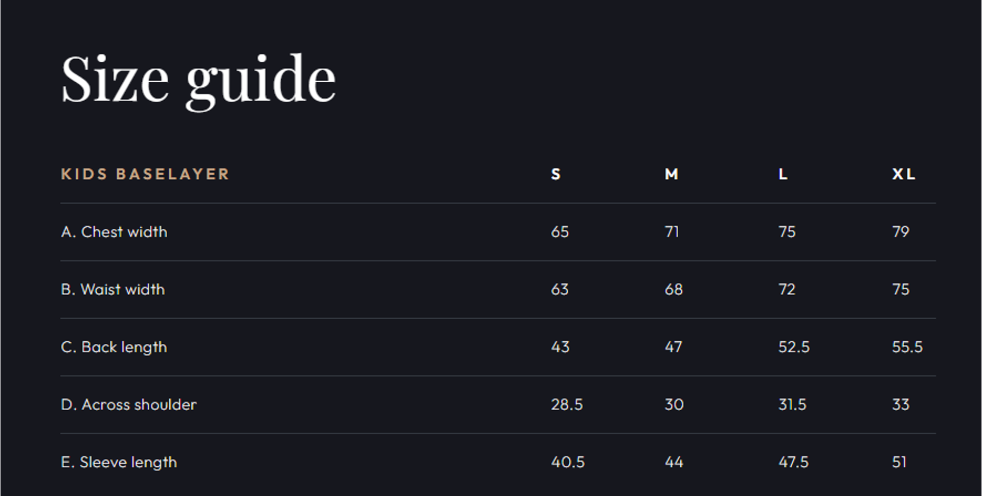 Cameo Kids Base layer size chart