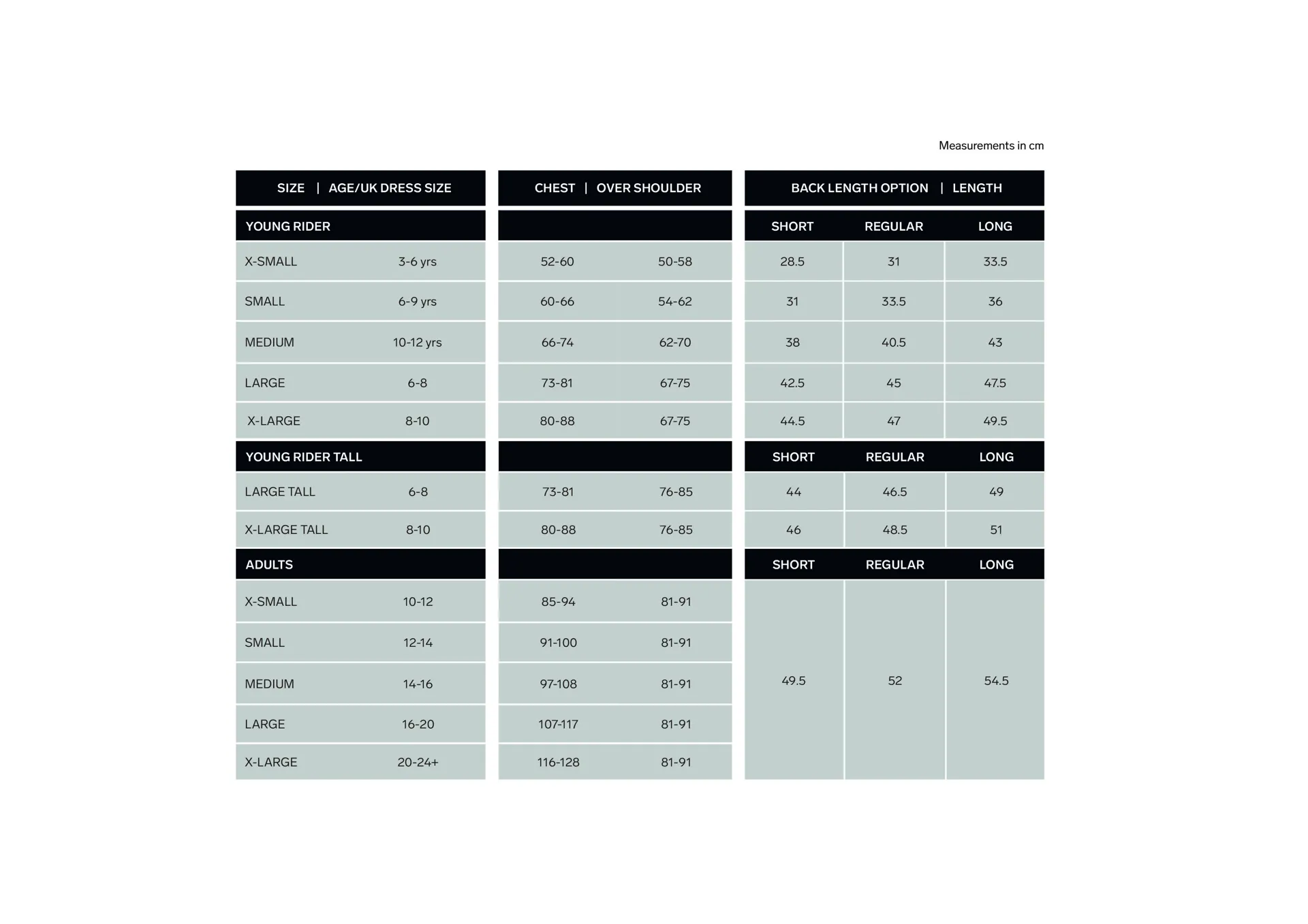 HX3 size chart