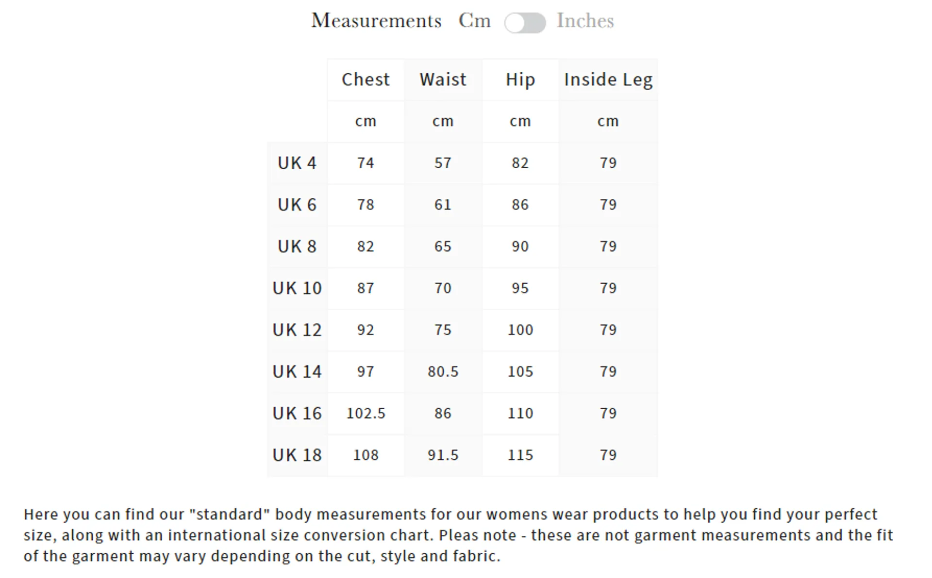 ladies lemieux size chart