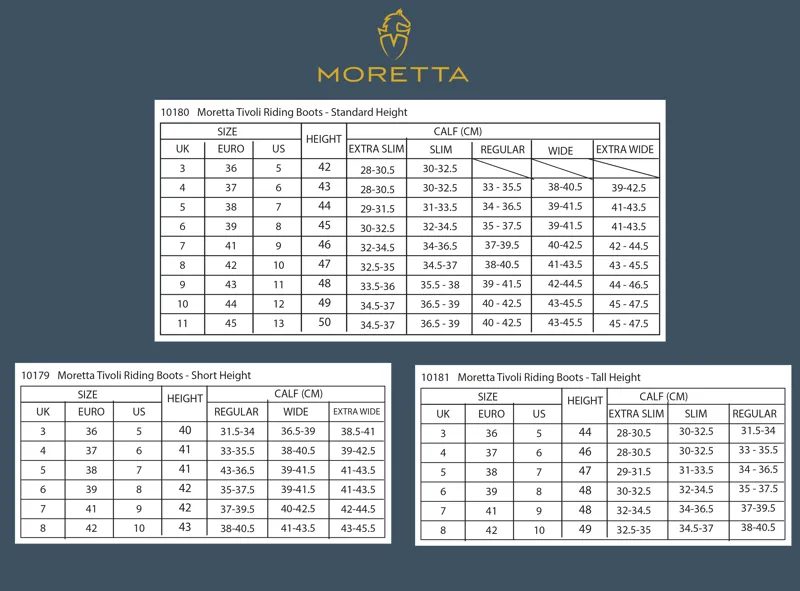 Moretta Tivoli Riding Boot size chart