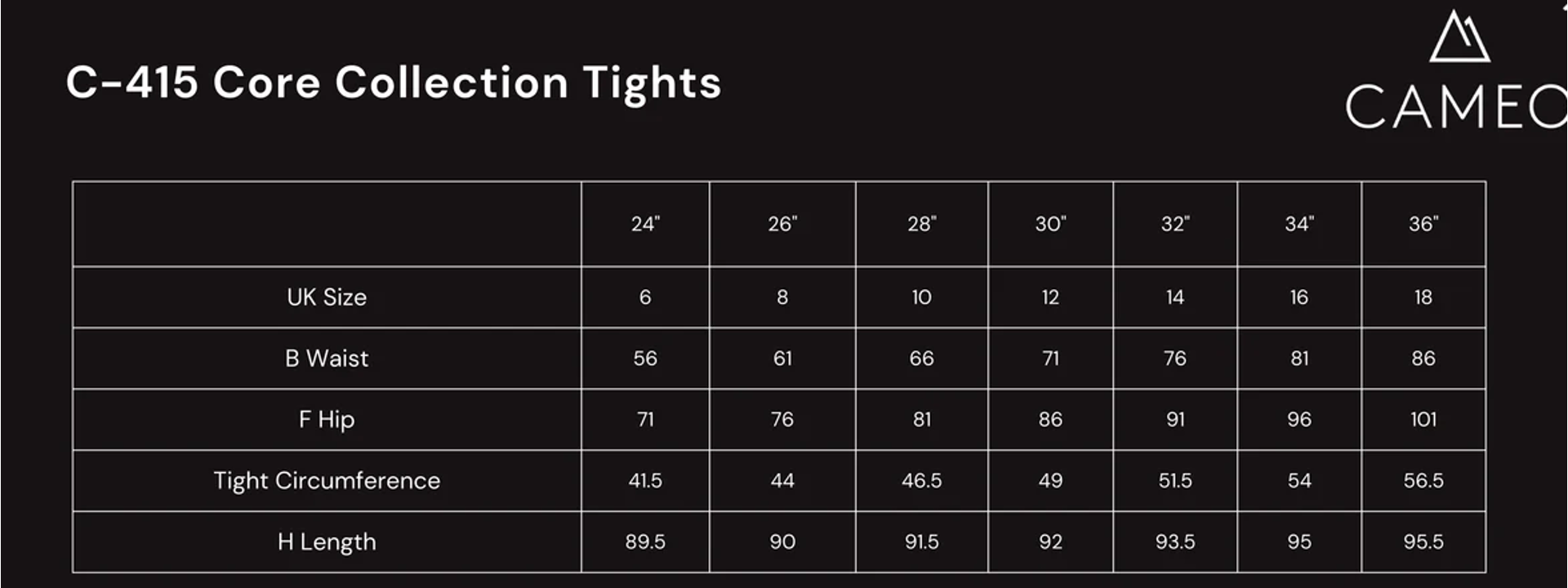 cameo core riding tights ladies size chart 
