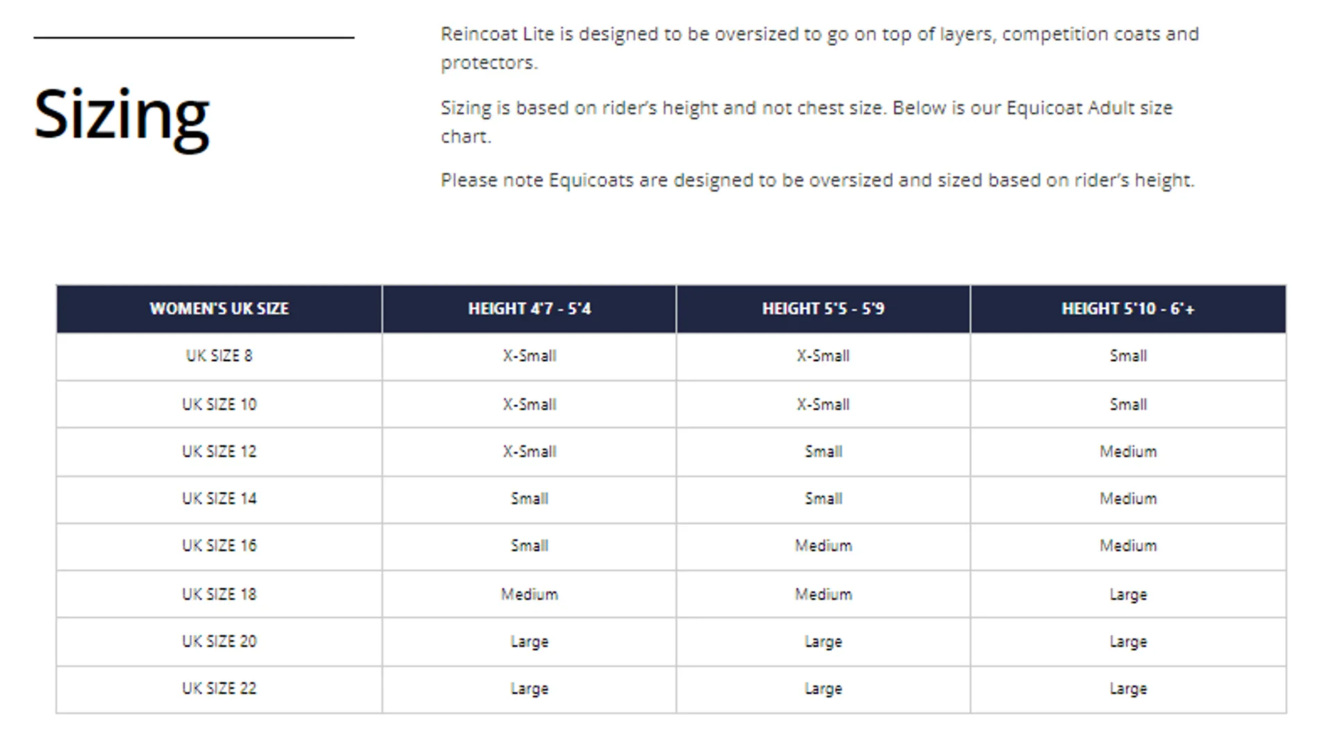Reincoat size chart