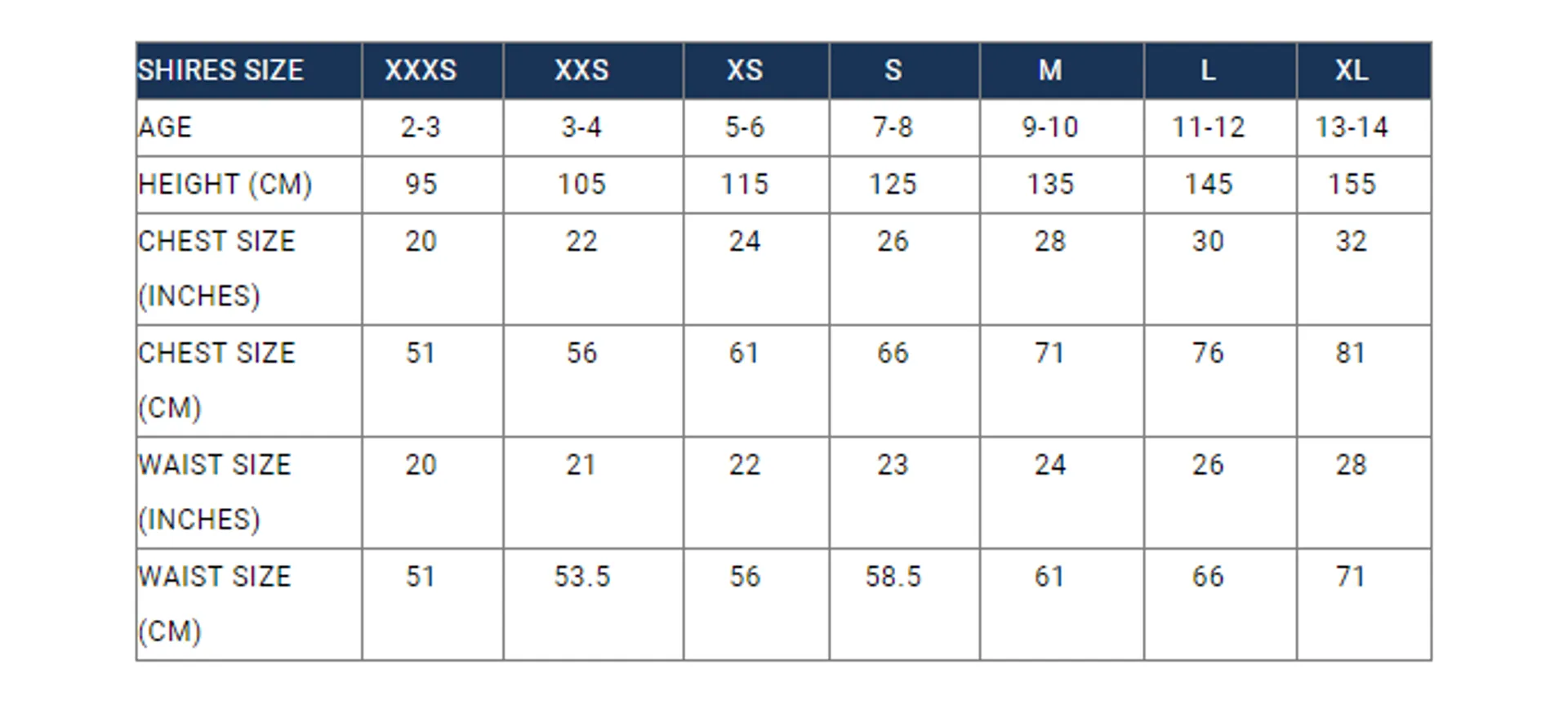 Aubrion Junior size chart