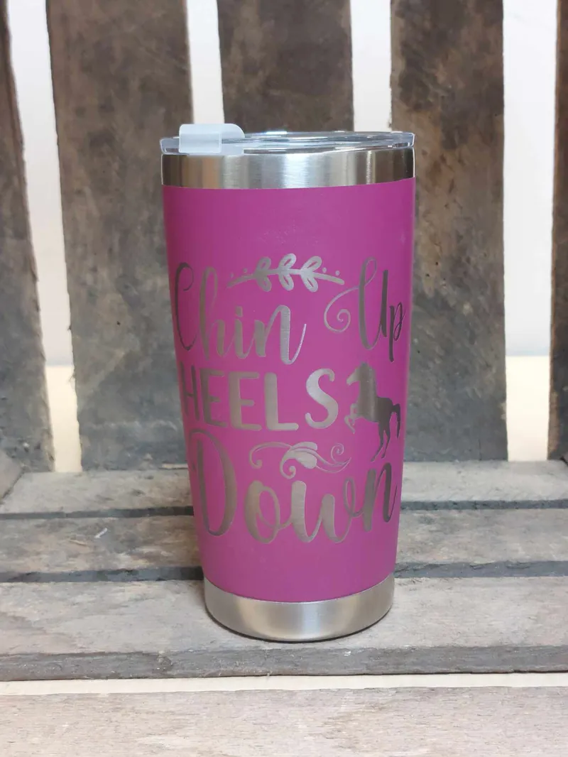 Engraved/Personalised 20oz Thermal Tumbler With Horsey Slogan Dark Pink Chin Up