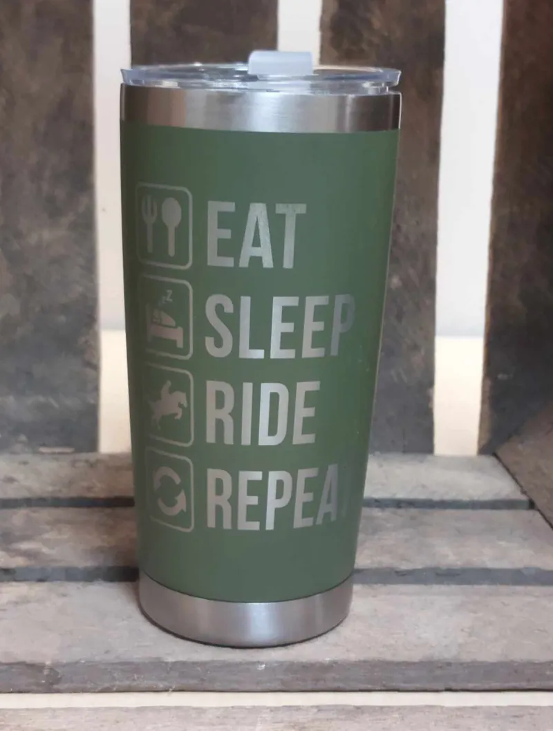 20oz Thermal Engraved Coffee Cup Eat Sleep Ride Repeat Green