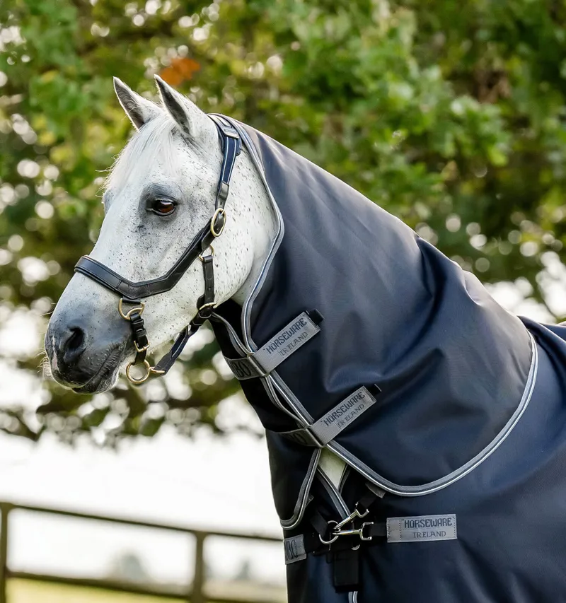 Horseware Rambo Supreme 150g Medium Weight Turnout Rug Neck/Hood Navy/Thunderstorm Grey/Silver