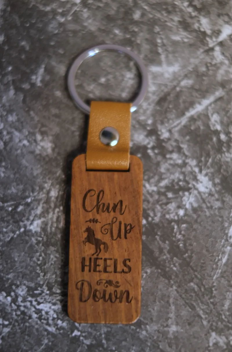 Engraved Wood Key Ring Chin Up Heels Down