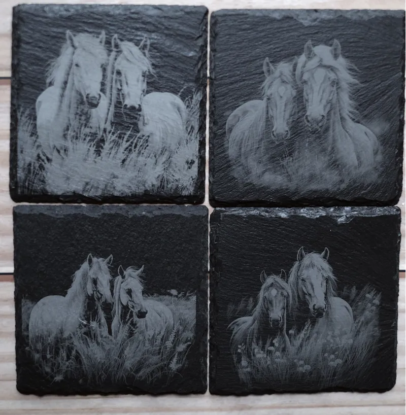 Engraved Slate Coasters Horses In Grassland Set Of 4 Square
