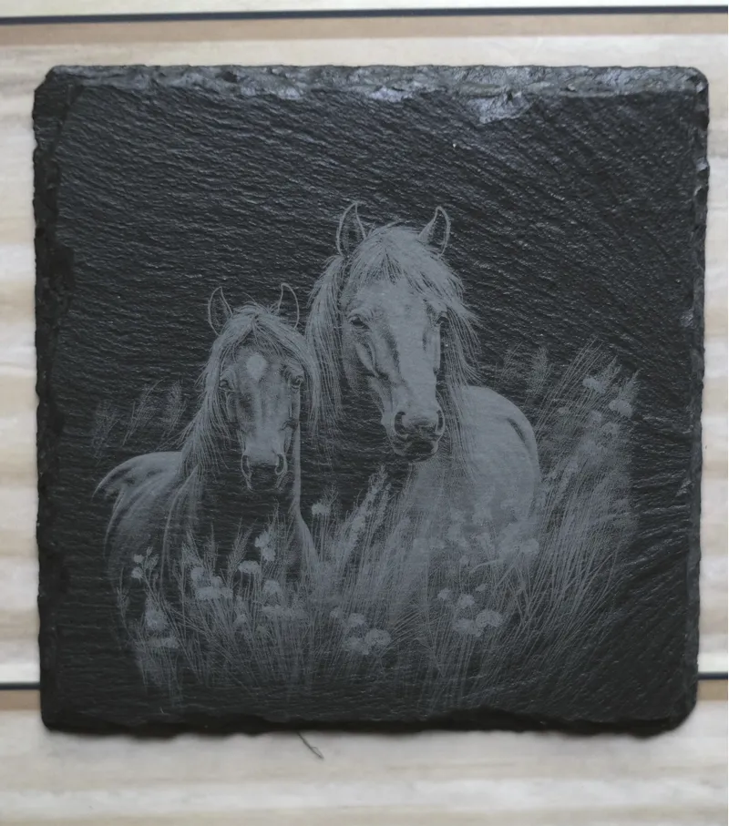 Engraved Slate Coasters Horses In Grassland Set Of 4 Square-2