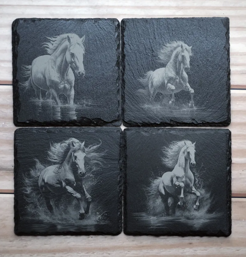 Engraved Slate Coasters Horses In Water Set Of 4 Square