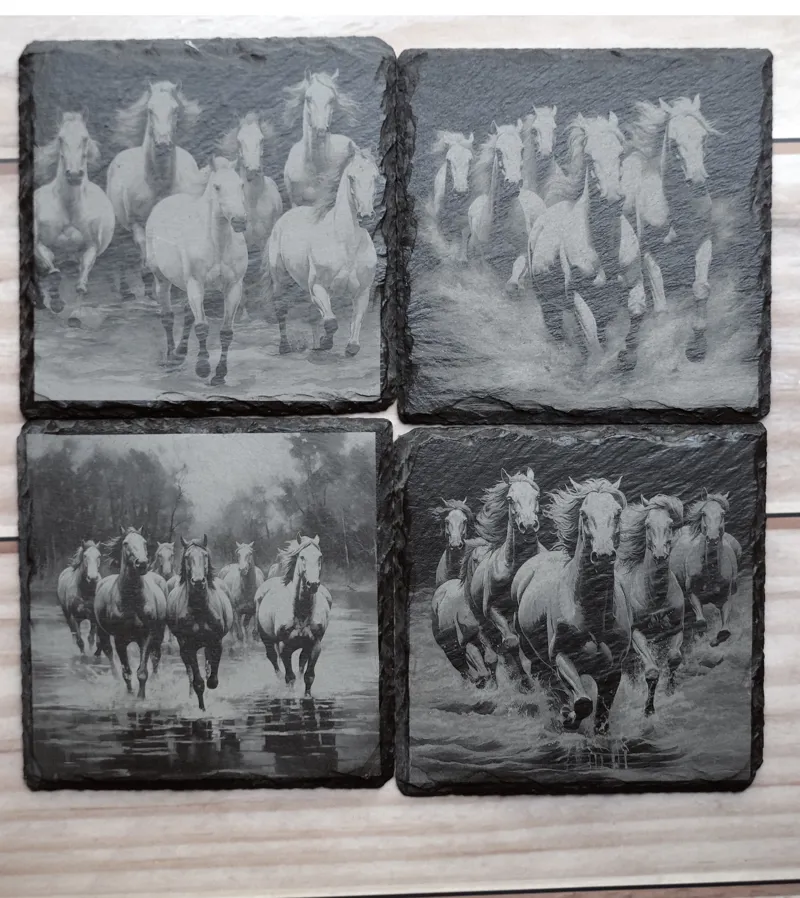 Engraved Slate Coasters  Galloping Herd Of Horses Set Of 4 Square
