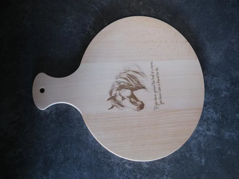 Engraved Beech Pizza / Paddle Serving Board Horse Head Quote