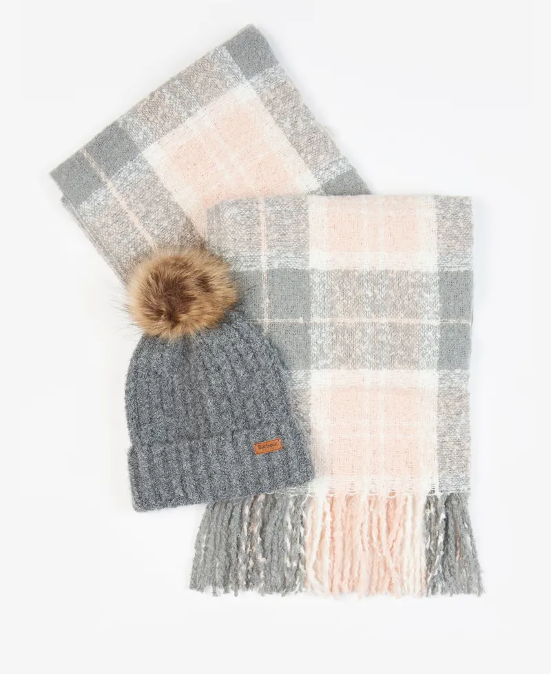 Barbour Saltburn Beanie And Tartan Scarf Gift Set Grey Rose