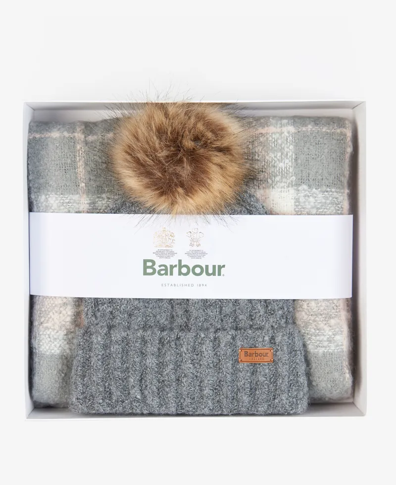 Barbour Saltburn Beanie And Tartan Scarf Gift Set Grey Rose-2