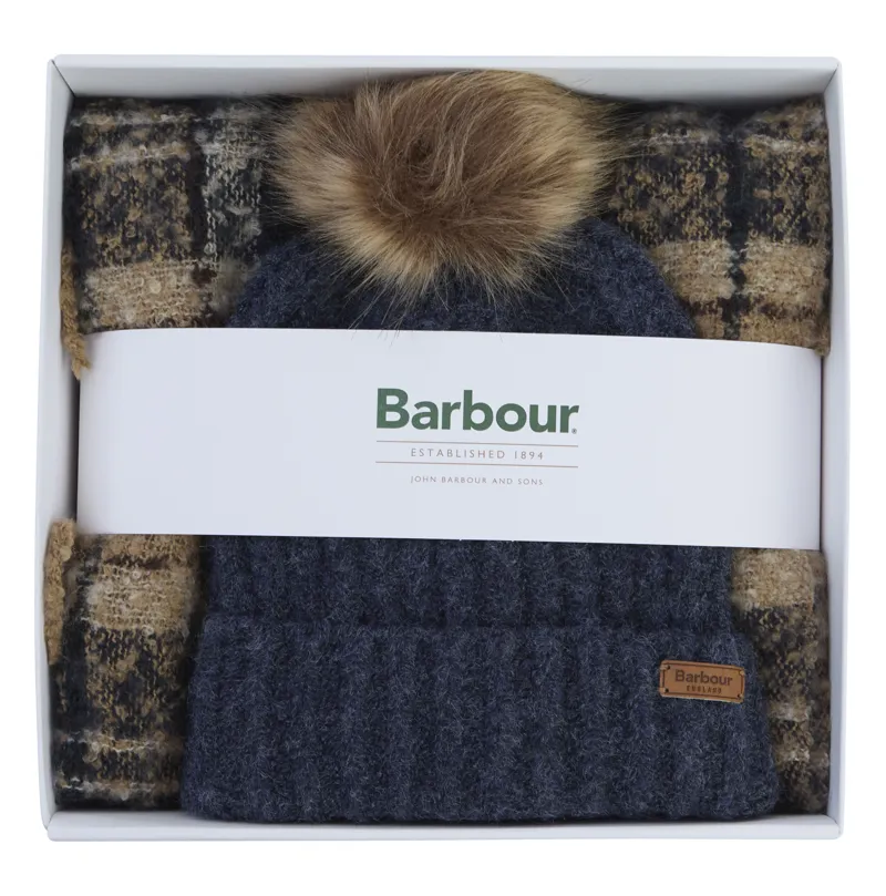 Barbour Saltburn Beanie And Tartan Scarf Gift Set Birchwood-1