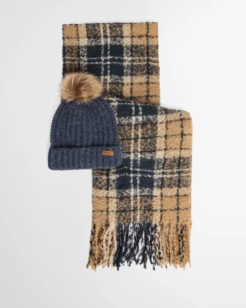 Barbour Saltburn Beanie And Tartan Scarf Gift Set Birchwood