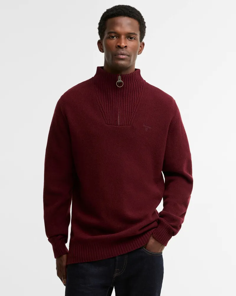 Barbour Mens Essential Lambs Wool Half Zip Knitted Jumper Ruby-1
