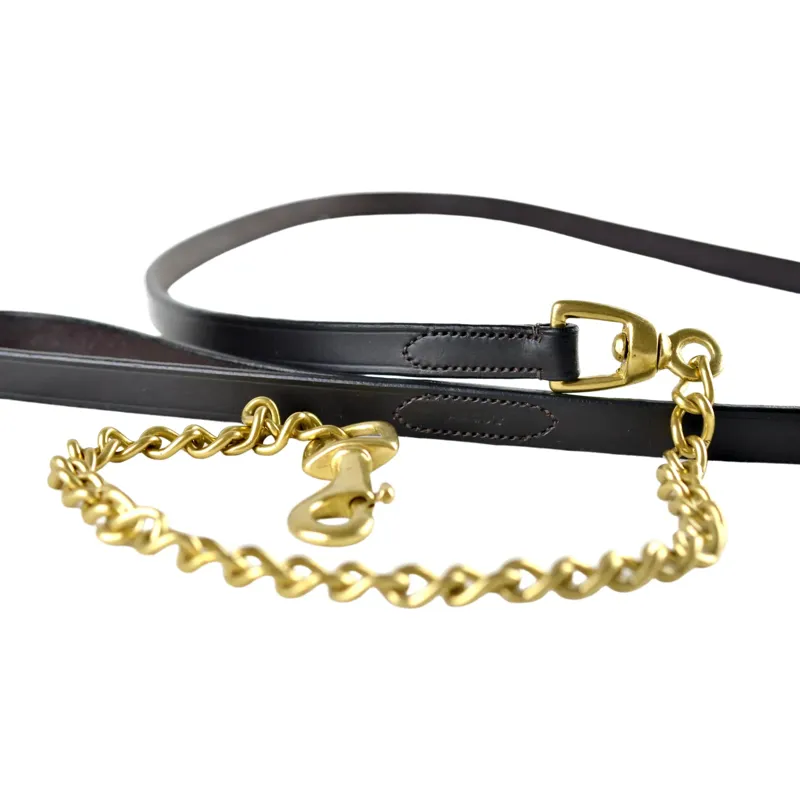 Dever Ascot Leather Lead Rein With Brass Chain 75in Brown-1
